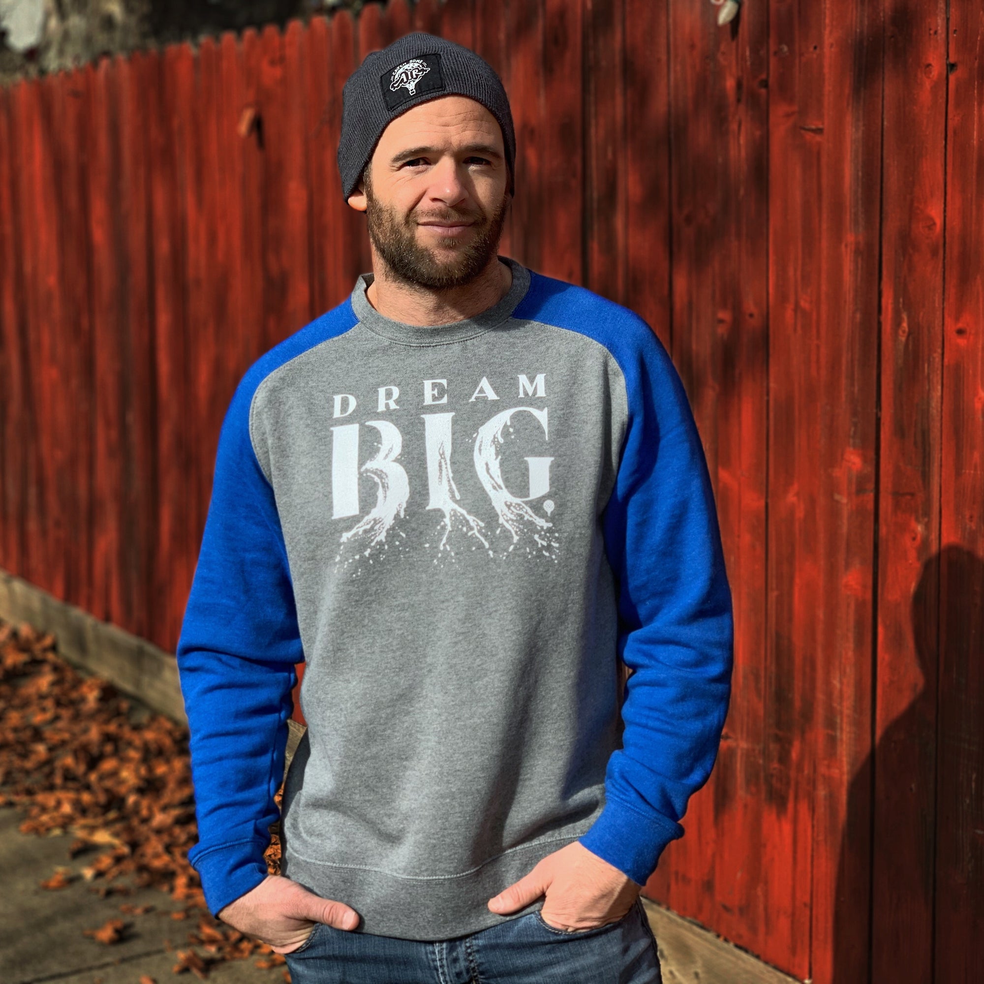 DREAM BIG | unisex raglan sweatshirt | gray/royal blue